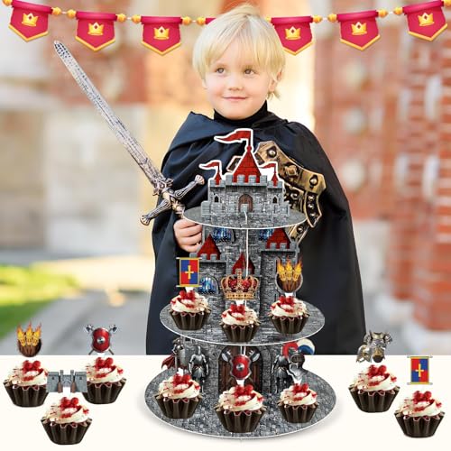 3-Tier Medieval Castle Cupcake Stand with 24 Knight Cake Toppers