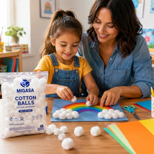 Migasa 100% Pure Hypoallergenic Cotton Balls – 200 Count Soft Skincare