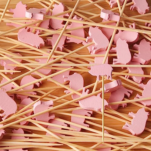 Pink Pig Bamboo Picks - 3.9" Decorative Toothpicks for Parties, 100 Pack