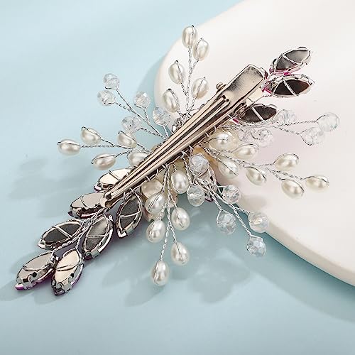 Xerling Rose Red Rhinestone Flower Hair Barrettes Clip Bridal Pearl Headpiece