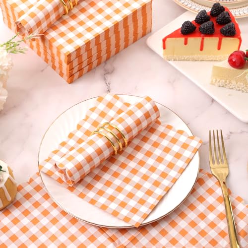 100 Pcs Orange Gingham Disposable Napkins - 6.5 Inch Scalloped Paper for Parties
