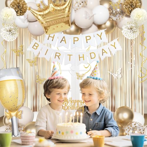 Gold and White Birthday Party Decorations Set | 105 pcs Foil Balloons, Banner, Paper Pompoms & More