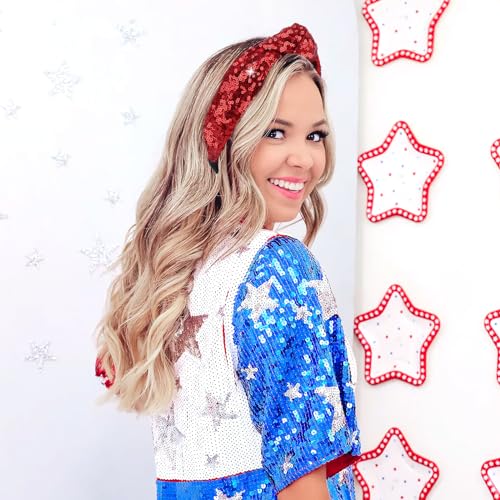 5-Star Red & Blue 4th of July Sequin Patriotic Headbands Set - Glitter Hair Accessories for Women & Girls