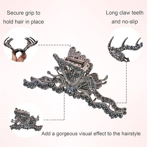 4 Pack Large Black Metal Hair Claw Clips for Women - Vintage Rhinestone Designs