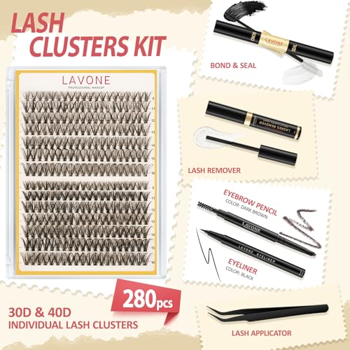 LAVONE Lash Clusters Kit - 280PCS Waterproof D Curl Lashes