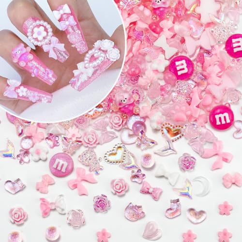 320PCS Pink 3D Nail Charms - Cute Resin Decorations for DIY