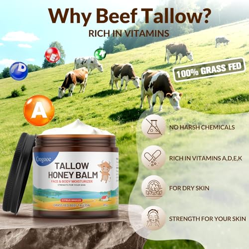 Auteli Grass-Fed Beef Tallow & Honey Balm 4oz - Natural Moisturizer for Face & Body, Sensitive Skin