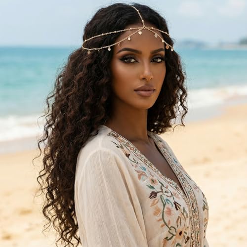 Gold Head Chain with Rhinestones & Sequin for Women Girls Egyptian Hair Accessories Festival Prom Wedding Bridal