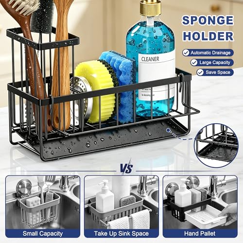 OERPHO Kitchen Sink Sponge Holder with Drainage System, Black