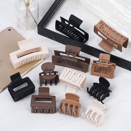 SMKSL 12 Pcs Hair Clips for Women 3 Styles Small Medium Large Claw Clips for Thin Thick Curly Hair, Strong Hold & Non-Slip Hair Clips, Stylish Matte Hair Accessories Ideal Gifts for Women (Brown)