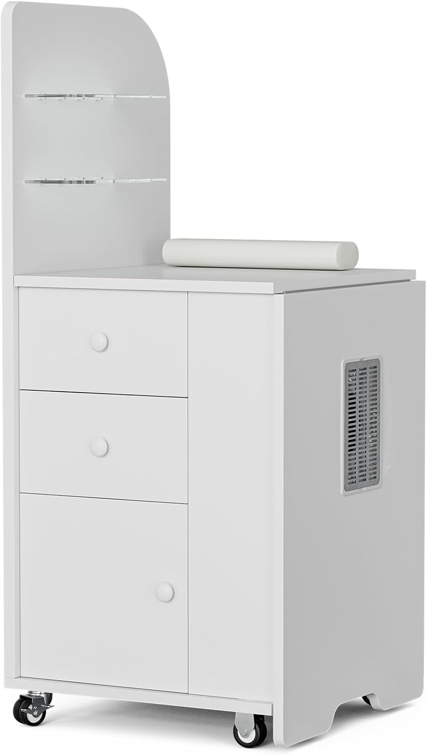 Foldable Nail Desk - Manicure Table Station with Dust Collector, 2 Shelves & Drawers | Portable Design with Lockable Wheels