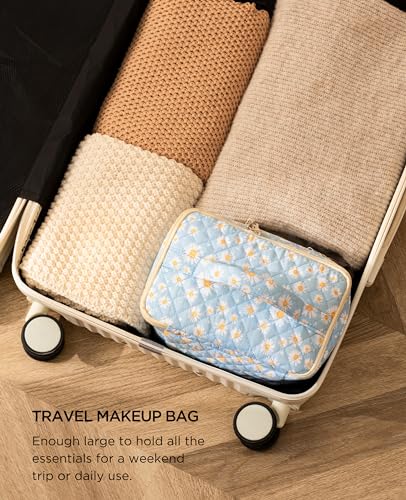 HBselect 2-Piece Quilted Floral Makeup Bag Set, Large Travel Toiletry Pouch