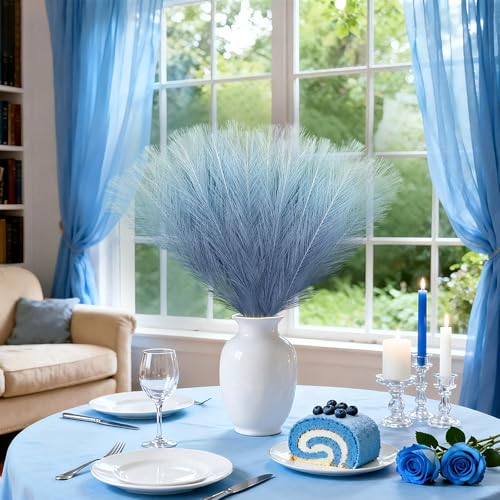Light Blue Pampas Grass Decor - 50 Pcs 21.6" Faux Flower Stems for Boho Home Decor