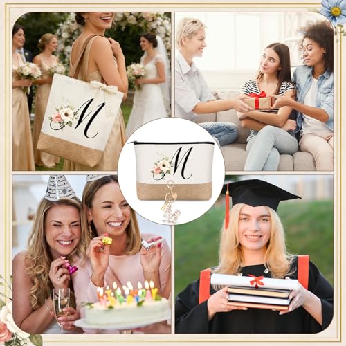 Monogrammed Initial 'M' Gift Set for Women - Jute Tote & Makeup Bag