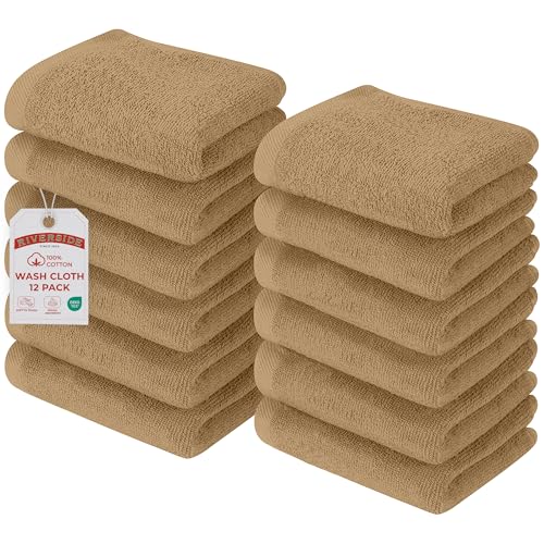 RIVERSIDE Tan Washcloths, 12 Pack - 100% Cotton, 12x12 Inches, Soft & Absorbent