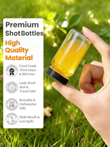 15-Pack 2 Oz Glass Juice Shot Bottles with Black Caps - BPA-Free & Leak-Proof