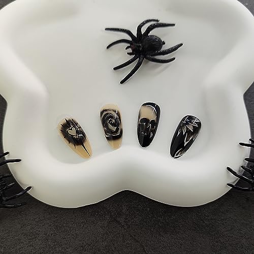 Halloween Black Almond Press On Nails with Skull & Rose Design, Glossy Acrylic Fake Nails, 24 Pack