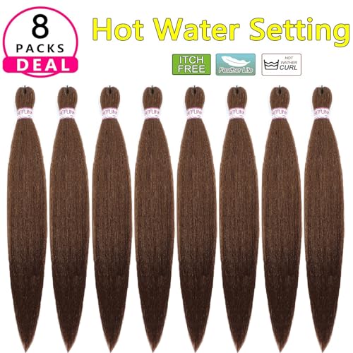 BEFUNNY 24 Inch Brown Pre Stretched Braiding Hair - 8 Packs, Itch-Free Yaki Extensions