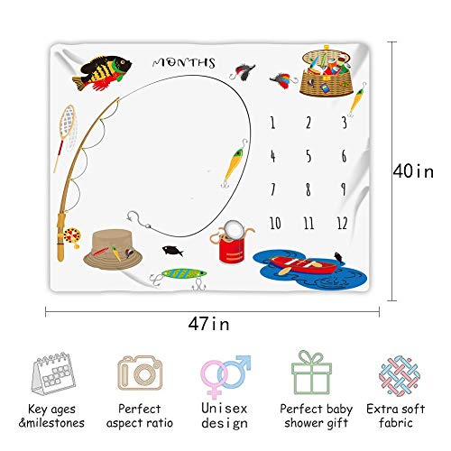 Fishing Baby Monthly Milestone Blanket, 48x40in Flannel Newborn Memory Blanket