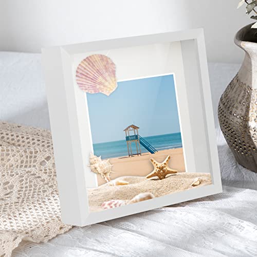 6x6 Shadow Box Frame with HD Glass for Photos & Keepsakes - White