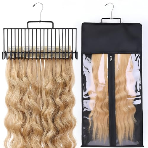 Black Hair Extension Holder & Transparent Wig Storage Bag with 38 Hooks - SENNUO