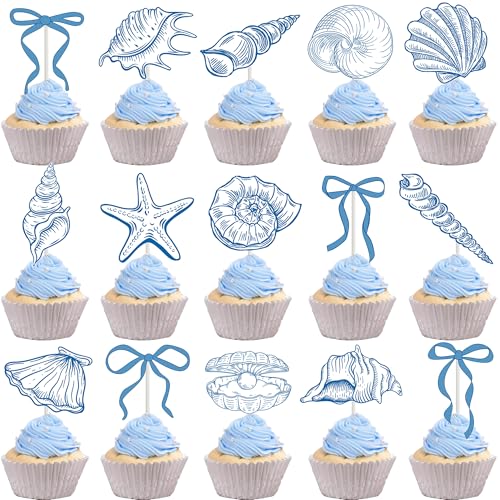 24PCS Starfish & Seashell Cupcake Toppers - Ocean Party Decorations