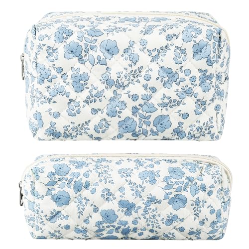 URSKYTOUS Blue Flower Makeup Bag 2Pcs Set - Quilted Cosmetic & Travel Pouch