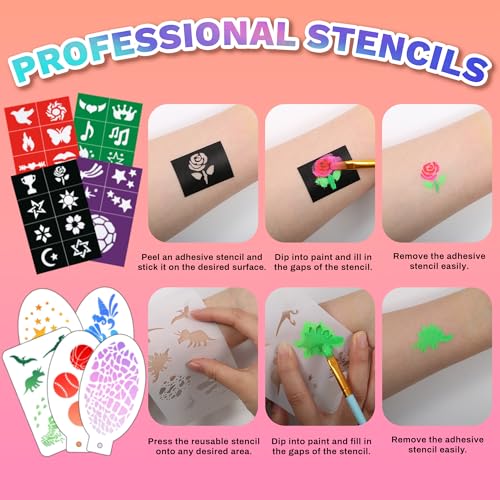 Professional Face Painting Kit with 28 Colors, Brushes, Sponges & Stencils for Kids & Adults