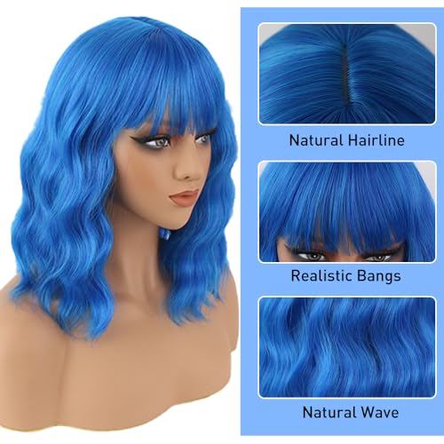 Blue Wigs for Women 14 Inch Curly Wavy Bob Cosplay Party Halloween Synthetic Hair