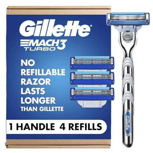 Gillette Mach3 Turbo Razors for Men, 1 Handle, 4 Blade Refills