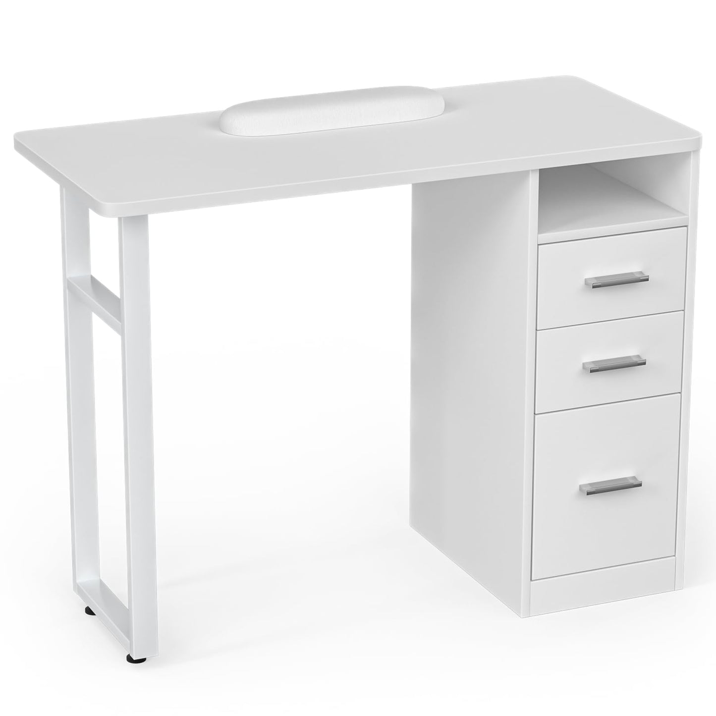 DeerDean Manicure Table Nail Desk Acetone Resistant White Nail Tech Table w/Wrist Cushion, Drawers & Cabinets