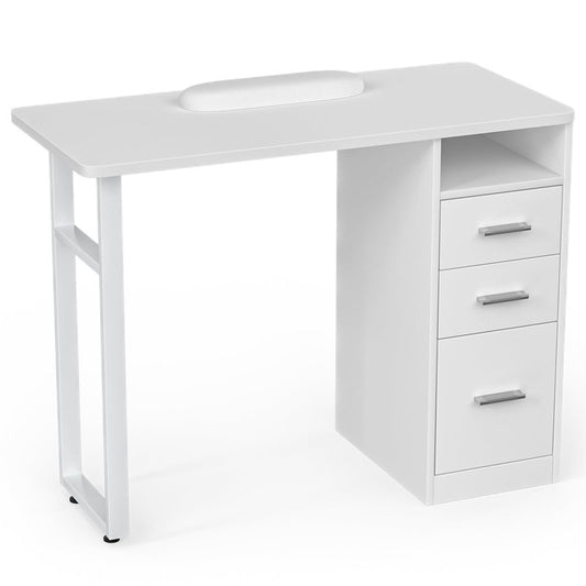 DeerDean Manicure Table Nail Desk Acetone Resistant White Nail Tech Table w/Wrist Cushion, Drawers & Cabinets