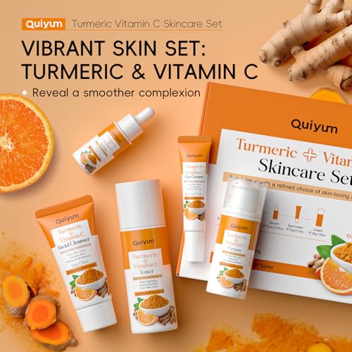 QUIYUM 5PCS Turmeric Vitamin C Skin Care Set for Women - Complete Facial Routine