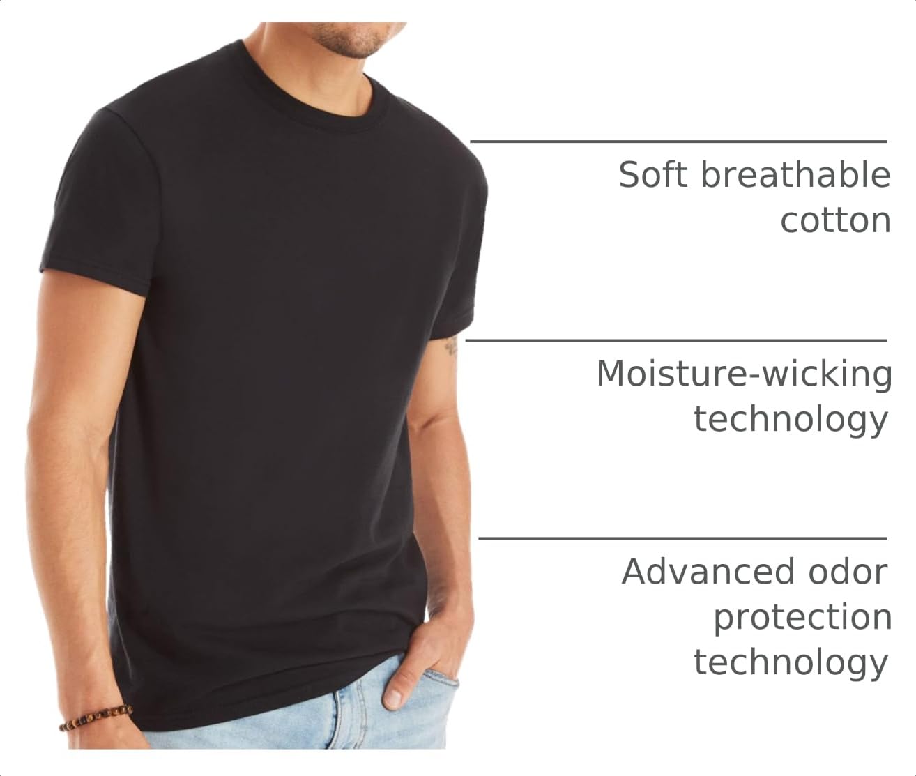 Hanes Mens Cotton, Moisture-wicking Crew Tee Undershirts, Multi-packs, Black/Grey/Blue Assorted - 6 Pack, X-Large US