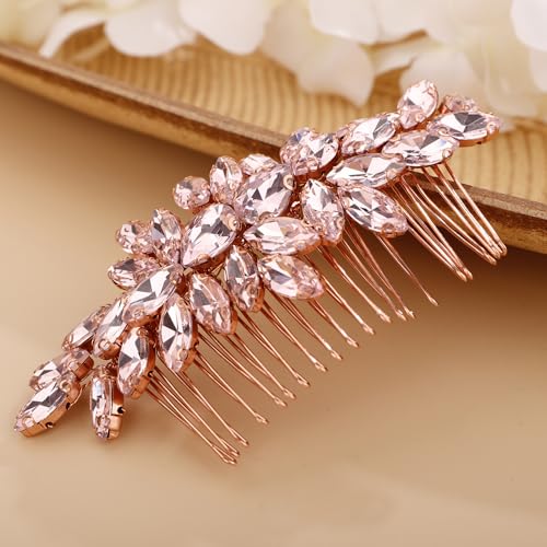 Missgrace Rose Gold Pink Bridal Hair Comb with Rhinestones – Elegant Wedding Accessory