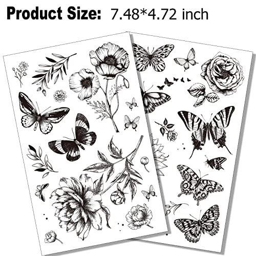 Tazimi Black Flower Butterfly Temporary Tattoos - 6 Sheets for Women & Girls
