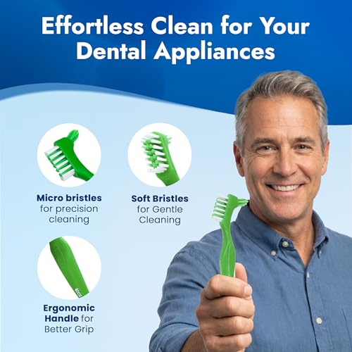 TCS Soft Bristle Denture & Retainer Cleaning Brush Set - 3 Pack, Green, Purple, Orange