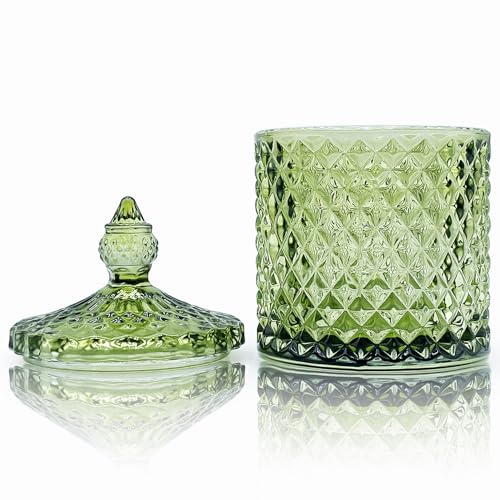 Olive Green Crystal Glass Qtip Holder & Candy Jar with Lid