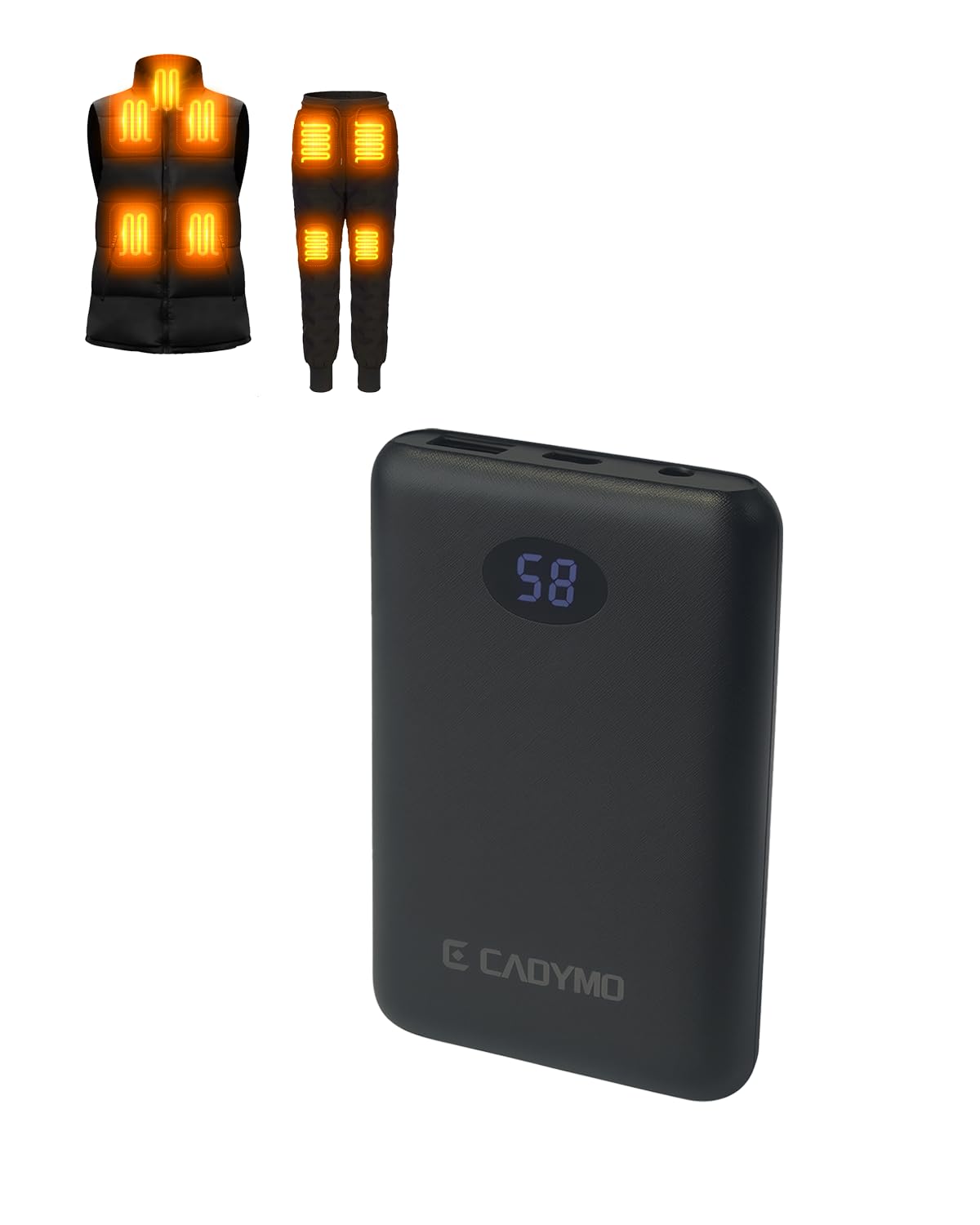 cadymo Heated Vest Battery Pack 7.4V/5V 10000mAh, Ultra-Light Battery Pack with LED Display, DC/USB-A/Type-C PD Output, Compatible with ORORO Venustas Heated Jackets, Vests & Gloves