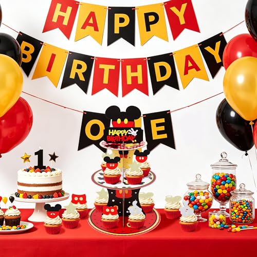 3-Tier Black and Red Cupcake Stand with 10 Cartoon Toppers