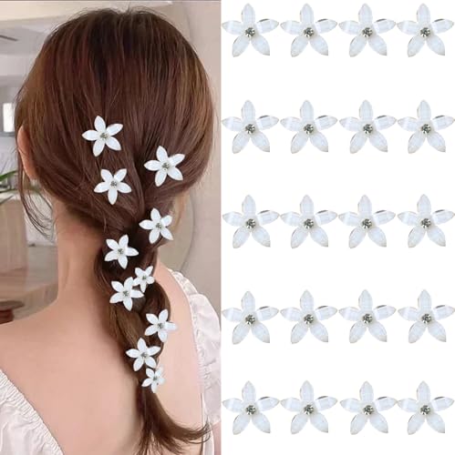 Hayooha White Flower Mini Hair Clips - 20 Pcs Rhinestone Hair Barrettes for Women, Wedding & Bridal Accessories