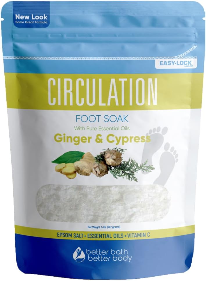 Epsom Salt Foot Soak - 32 Oz Ginger & Cypress Essential Oils | Vitamin C Enriched, BPA-Free Pouch