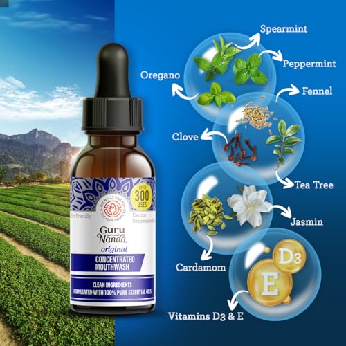 GuruNanda Concentrated Mint Mouthwash 1 Pack, Supports 300 Rinses, Fluoride-Free, Natural Essential Oils