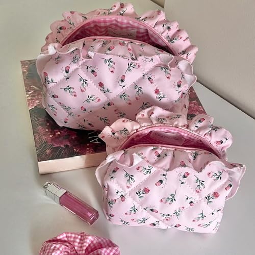 Pink Quilted Rose Makeup Bag Set of 2 - Travel Cosmetic Organizer for Women & Teens