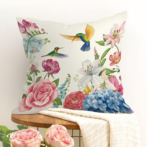 Floral Hummingbird Throw Pillow Covers, Set of 4, 18x18