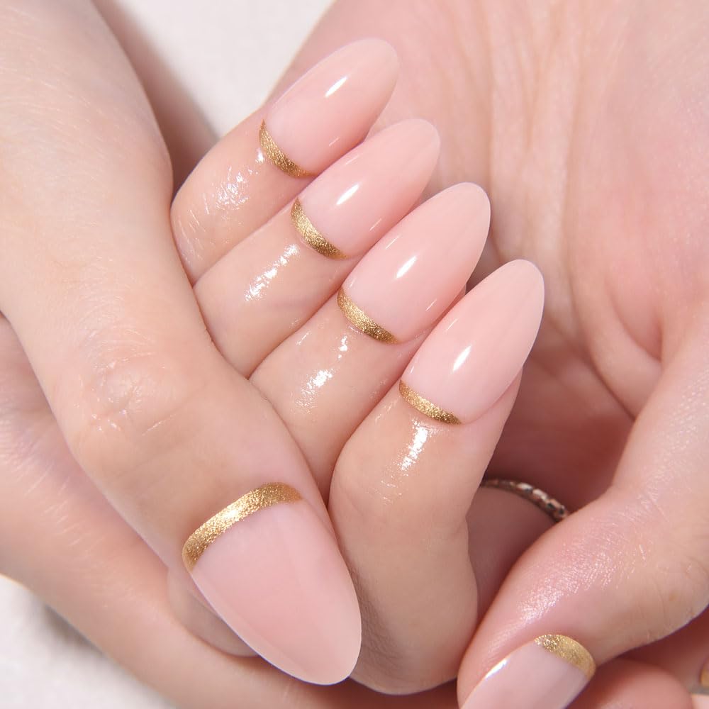 Nude Pink French Press-On Nails - Short Almond Shape | Reusable Soft Gel with Gold Foil Design