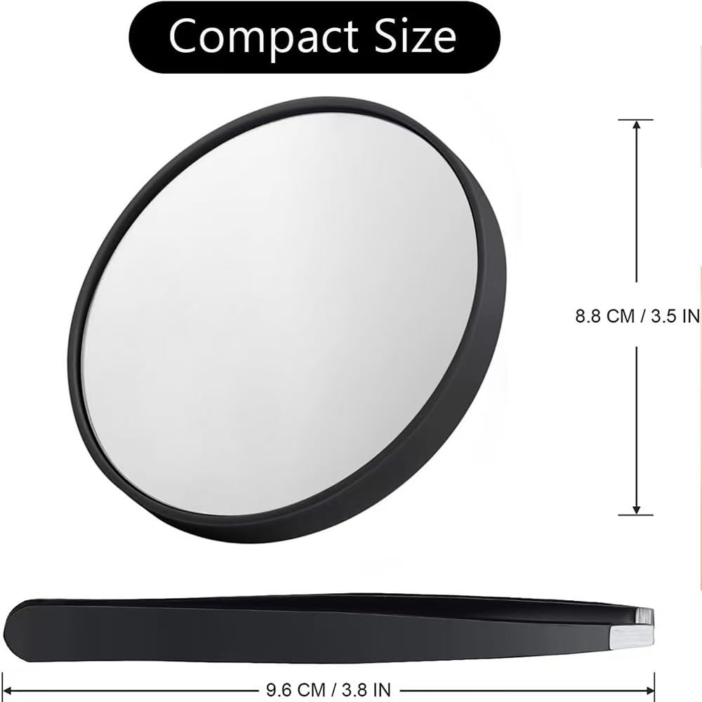 50X Magnifying Mirror with 2 Suction Cups, 3.5 inches Magnified Makeup Mirror and Slant Tweezers,Black,1PC