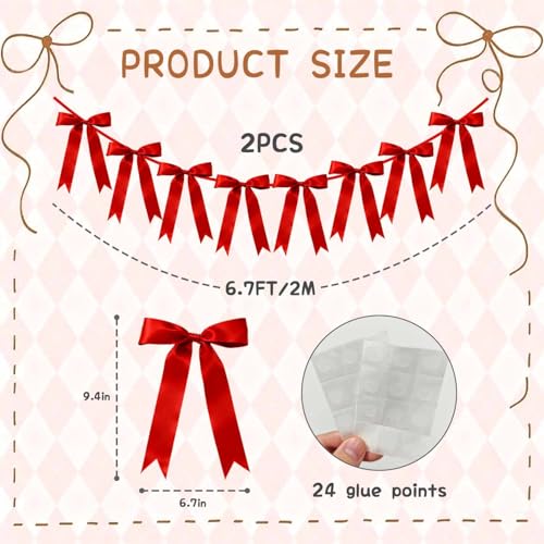 Red Bow Garland Banner Decoration - 6.7FT Pre-Strung Satin Ribbons