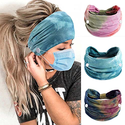 Aceorna Set H Boho Wide Knotted Button Headbands for Women, Mask Holder, Yoga & Workout Hair Accessories, 3 Pack