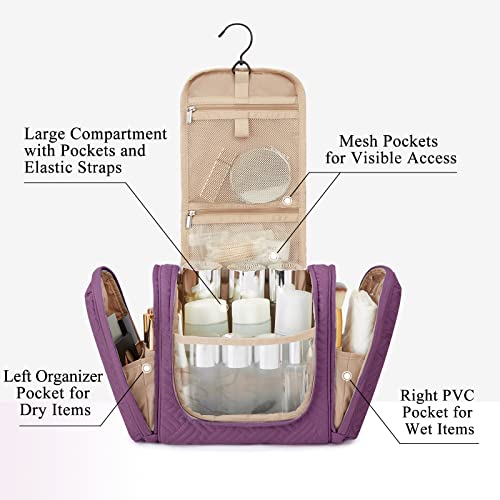 BAGSMART Medium Hanging Toiletry Bag for Women, Purple Travel Organizer with Hook